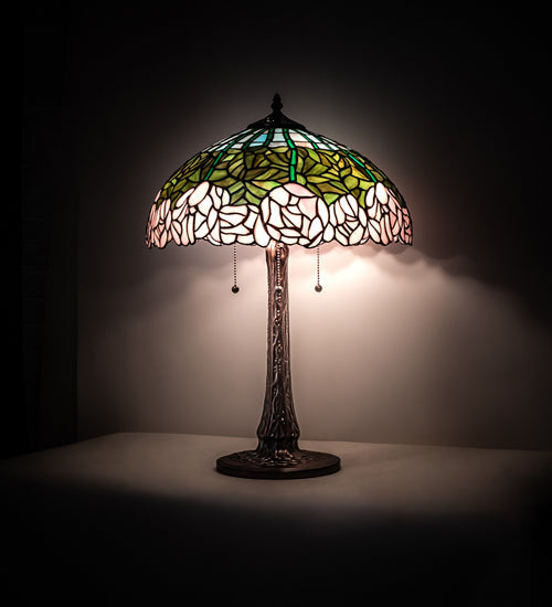 Meyda Lighting Tiffany Cabbage Rose 22" 3-Light Mahogany Bronze Table Lamp With Pink & Green Stained Shade Glass