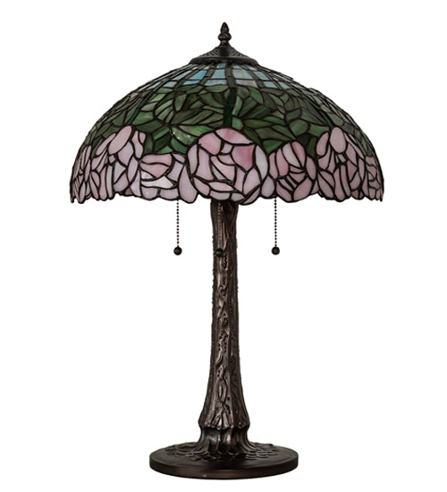 Meyda Lighting Tiffany Cabbage Rose 22" 3-Light Mahogany Bronze Table Lamp With Pink & Green Stained Shade Glass