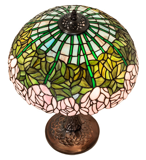 Meyda Lighting Tiffany Cabbage Rose 22" 3-Light Mahogany Bronze Table Lamp With Pink & Green Stained Shade Glass