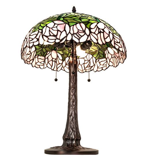 Meyda Lighting Tiffany Cabbage Rose 22" 3-Light Mahogany Bronze Table Lamp With Pink & Green Stained Shade Glass