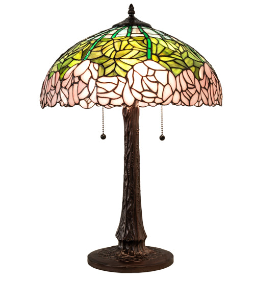 Meyda Lighting Tiffany Cabbage Rose 22" 3-Light Mahogany Bronze Table Lamp With Pink & Green Stained Shade Glass