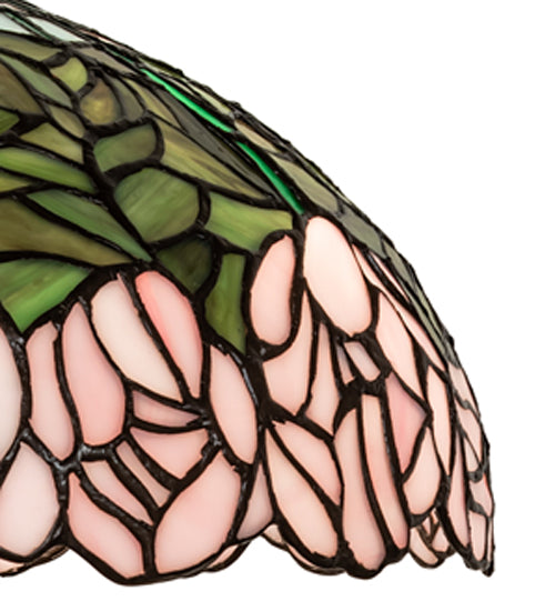 Meyda Lighting Tiffany Cabbage Rose 22" 3-Light Mahogany Bronze Table Lamp With Pink & Green Stained Shade Glass