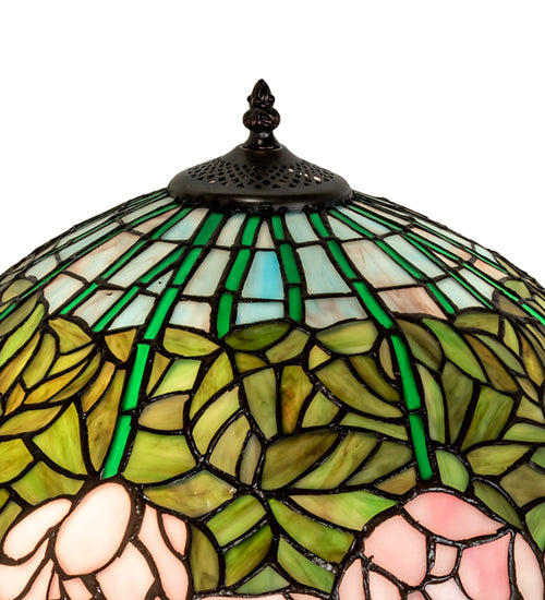 Meyda Lighting Tiffany Cabbage Rose 22" 3-Light Mahogany Bronze Table Lamp With Pink & Green Stained Shade Glass