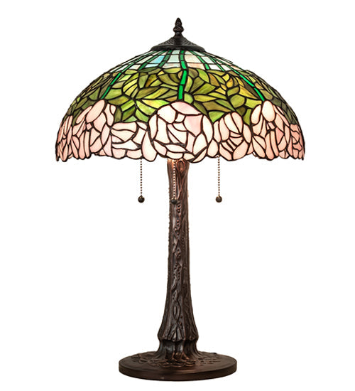 Meyda Lighting Tiffany Cabbage Rose 22" 3-Light Mahogany Bronze Table Lamp With Pink & Green Stained Shade Glass