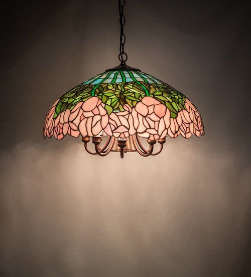Meyda Lighting Tiffany Cabbage Rose 22" 9-Light Mahogany Bronze Pendant Light With Pink & Green Shade
