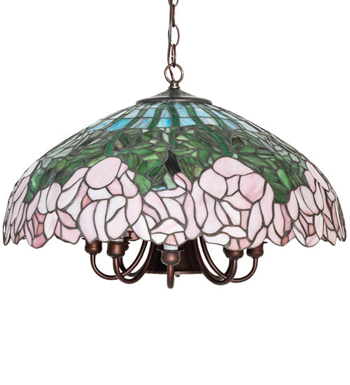 Meyda Lighting Tiffany Cabbage Rose 22" 9-Light Mahogany Bronze Pendant Light With Pink & Green Shade