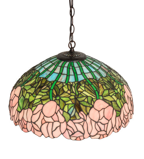 Meyda Lighting Tiffany Cabbage Rose 22" 9-Light Mahogany Bronze Pendant Light With Pink & Green Shade