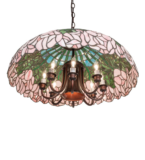 Meyda Lighting Tiffany Cabbage Rose 22" 9-Light Mahogany Bronze Pendant Light With Pink & Green Shade