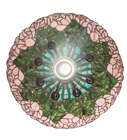 Meyda Lighting Tiffany Cabbage Rose 22" 9-Light Mahogany Bronze Pendant Light With Pink & Green Shade