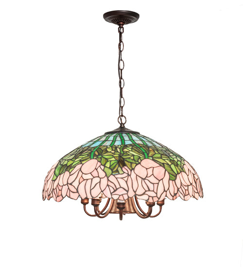 Meyda Lighting Tiffany Cabbage Rose 22" 9-Light Mahogany Bronze Pendant Light With Pink & Green Shade