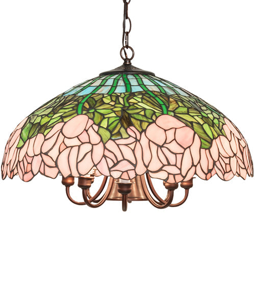 Meyda Lighting Tiffany Cabbage Rose 22" 9-Light Mahogany Bronze Pendant Light With Pink & Green Shade