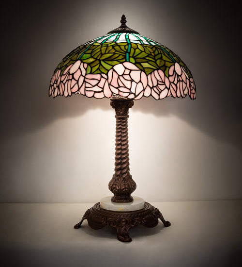 Meyda Lighting Tiffany Cabbage Rose 23" Mahogany Bronze Table Lamp With Multi-Colored Stained Shade Glass
