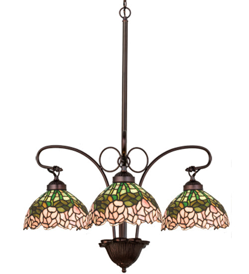 Meyda Lighting Tiffany Cabbage Rose 24" 3-Light Mahogany Bronze Chandelier With Pink & Green Shade Glass