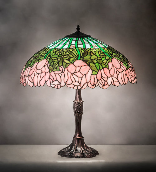 Meyda Lighting Tiffany Cabbage Rose 26" 3-Light Mahogany Bronze Table Lamp With Multi-Colored Shade Glass