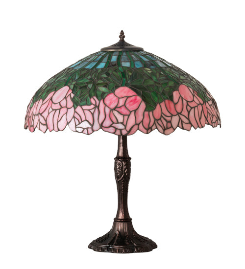 Meyda Lighting Tiffany Cabbage Rose 26" 3-Light Mahogany Bronze Table Lamp With Multi-Colored Shade Glass
