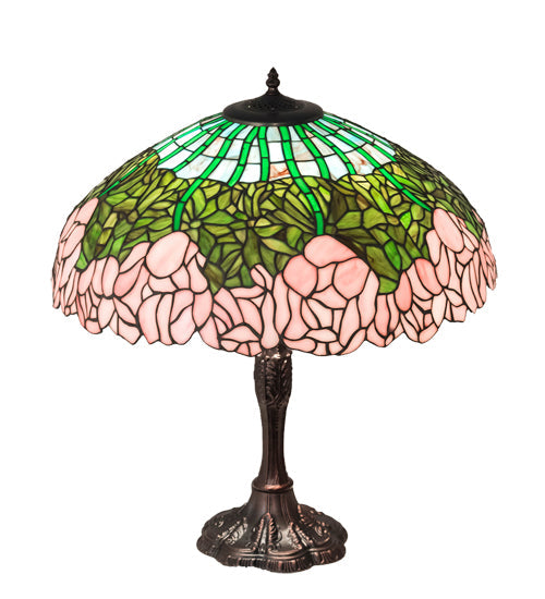 Meyda Lighting Tiffany Cabbage Rose 26" 3-Light Mahogany Bronze Table Lamp With Multi-Colored Shade Glass