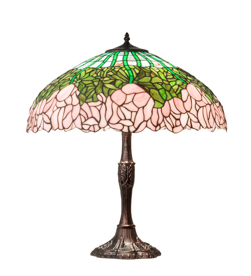Meyda Lighting Tiffany Cabbage Rose 26" 3-Light Mahogany Bronze Table Lamp With Multi-Colored Shade Glass