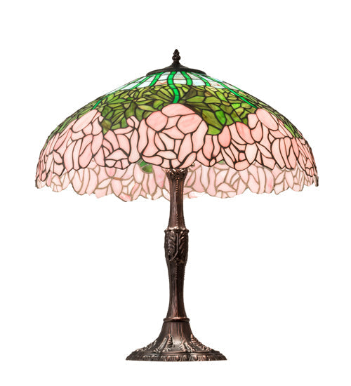 Meyda Lighting Tiffany Cabbage Rose 26" 3-Light Mahogany Bronze Table Lamp With Multi-Colored Shade Glass