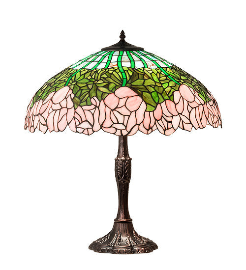 Meyda Lighting Tiffany Cabbage Rose 26" 3-Light Mahogany Bronze Table Lamp With Multi-Colored Shade Glass
