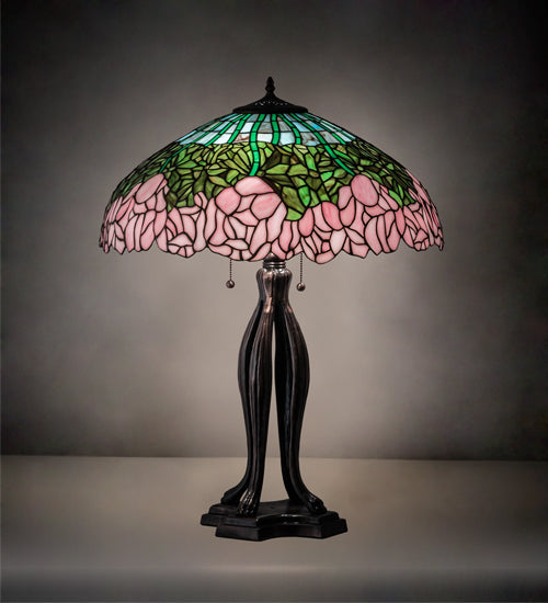Meyda Lighting Tiffany Cabbage Rose 30" 3-Light Mahogany Bronze Table Lamp With Pink and Green Shade Glass