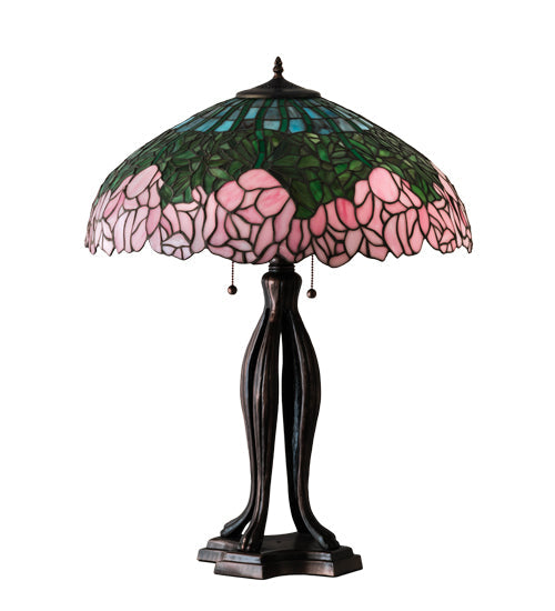 Meyda Lighting Tiffany Cabbage Rose 30" 3-Light Mahogany Bronze Table Lamp With Pink and Green Shade Glass