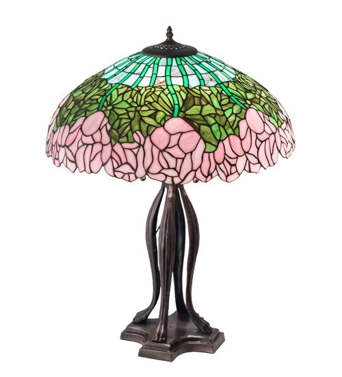 Meyda Lighting Tiffany Cabbage Rose 30" 3-Light Mahogany Bronze Table Lamp With Pink and Green Shade Glass