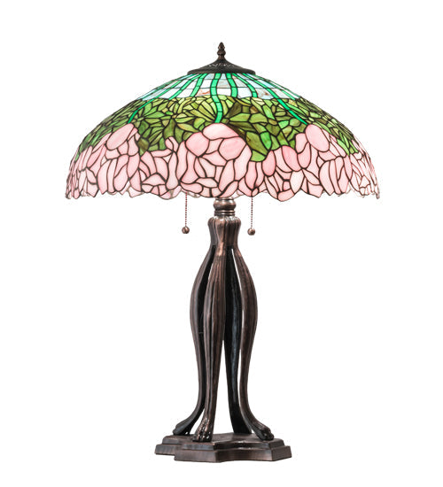 Meyda Lighting Tiffany Cabbage Rose 30" 3-Light Mahogany Bronze Table Lamp With Pink and Green Shade Glass