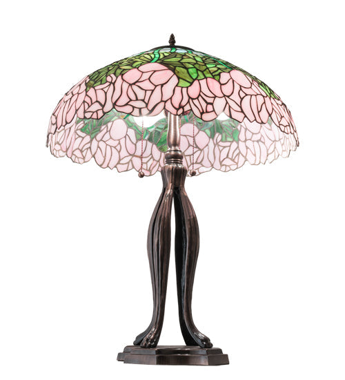 Meyda Lighting Tiffany Cabbage Rose 30" 3-Light Mahogany Bronze Table Lamp With Pink and Green Shade Glass