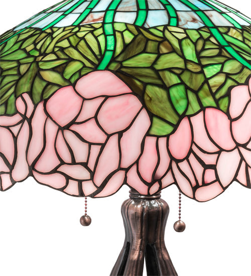 Meyda Lighting Tiffany Cabbage Rose 30" 3-Light Mahogany Bronze Table Lamp With Pink and Green Shade Glass