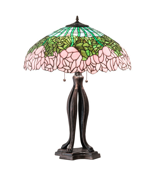 Meyda Lighting Tiffany Cabbage Rose 30" 3-Light Mahogany Bronze Table Lamp With Pink and Green Shade Glass