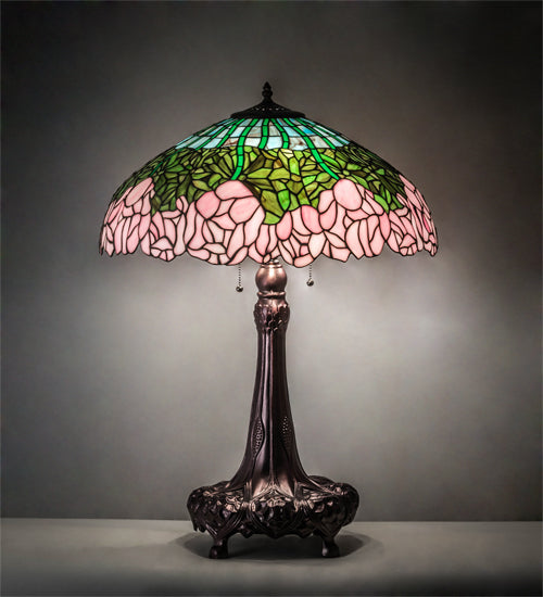 Meyda Lighting Tiffany Cabbage Rose 31" 3-Light Mahogany Bronze Table Lamp With Multi-Colored Shade Glass