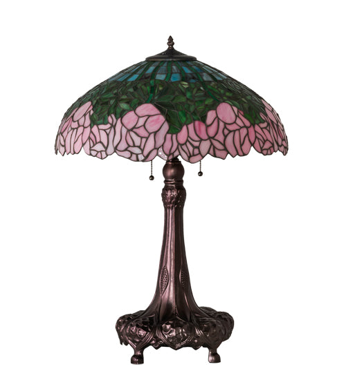 Meyda Lighting Tiffany Cabbage Rose 31" 3-Light Mahogany Bronze Table Lamp With Multi-Colored Shade Glass