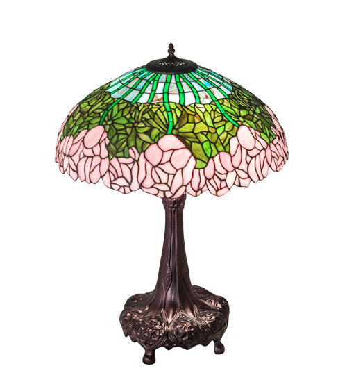 Meyda Lighting Tiffany Cabbage Rose 31" 3-Light Mahogany Bronze Table Lamp With Multi-Colored Shade Glass