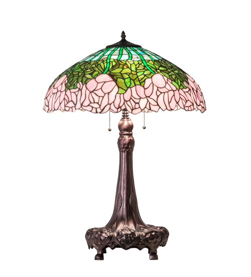 Meyda Lighting Tiffany Cabbage Rose 31" 3-Light Mahogany Bronze Table Lamp With Multi-Colored Shade Glass