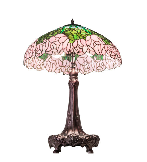 Meyda Lighting Tiffany Cabbage Rose 31" 3-Light Mahogany Bronze Table Lamp With Multi-Colored Shade Glass