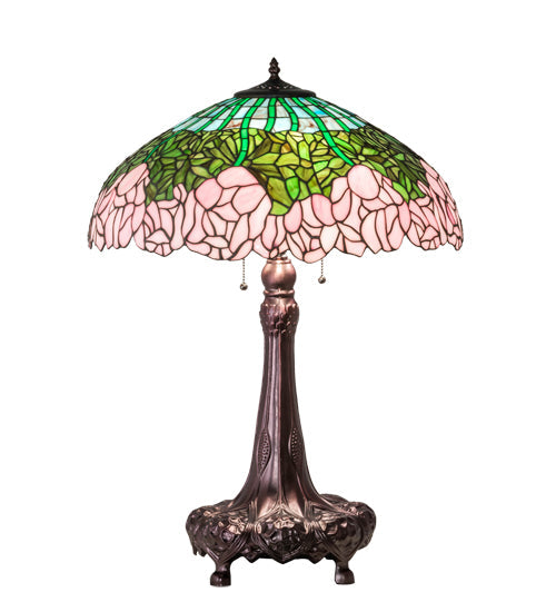 Meyda Lighting Tiffany Cabbage Rose 31" 3-Light Mahogany Bronze Table Lamp With Multi-Colored Shade Glass