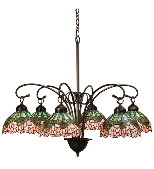 Meyda Lighting Tiffany Cabbage Rose 31" 6-Light Mahogany Bronze Chandelier With Pink & Green Shade Glass