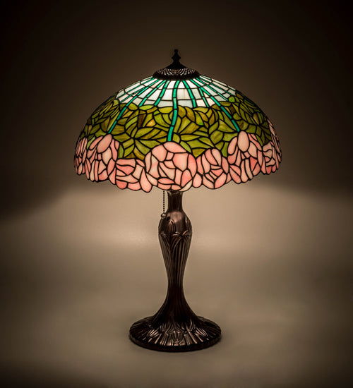 Meyda Lighting Tiffany Cabbage Rose 31143 23" Mahogany Bronze Table Lamp With Multi-Colored Stained Shade Glass