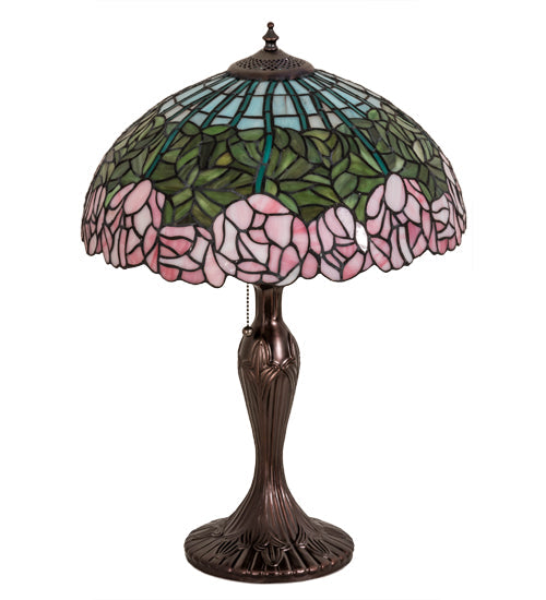 Meyda Lighting Tiffany Cabbage Rose 31143 23" Mahogany Bronze Table Lamp With Multi-Colored Stained Shade Glass