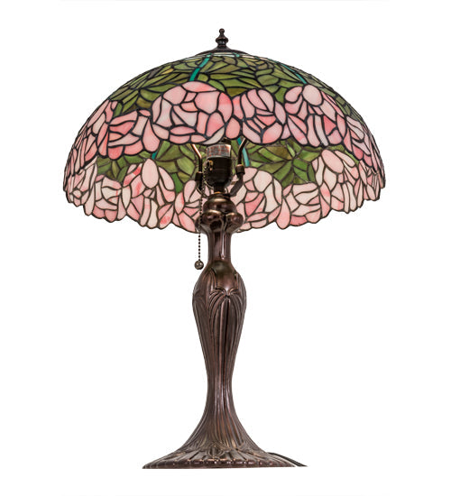 Meyda Lighting Tiffany Cabbage Rose 31143 23" Mahogany Bronze Table Lamp With Multi-Colored Stained Shade Glass
