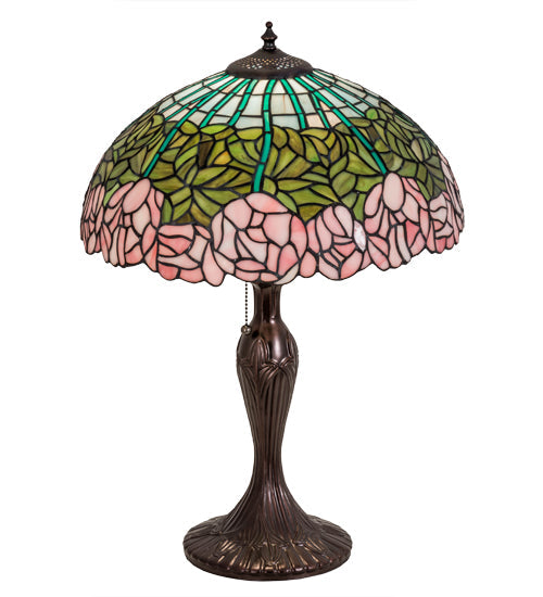 Meyda Lighting Tiffany Cabbage Rose 31143 23" Mahogany Bronze Table Lamp With Multi-Colored Stained Shade Glass