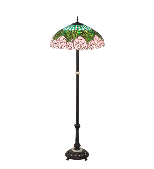 Meyda Lighting Tiffany Cabbage Rose 62" 3-Light Mahogany Bronze Floor Lamp With Pink & Green Shade Glass