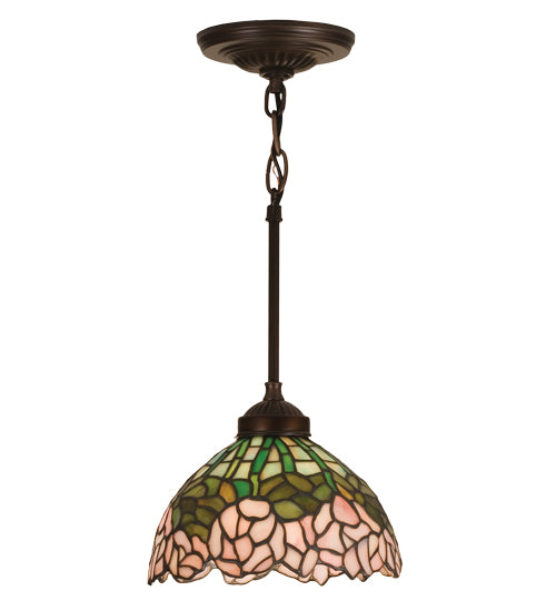 Meyda Lighting Tiffany Cabbage Rose 8" Mahogany Bronze Mini Pendant Light With Pink & Green Shade Glass