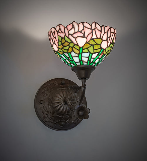 Meyda Lighting Tiffany Cabbage Rose 8" Mahogany Bronze Wall Sconce With Mulit-Colored Shade Glass