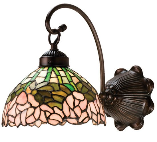 Meyda Lighting Tiffany Cabbage Rose 8" Mahogany Bronze Wall Sconce With Pink & Green Shade Glass