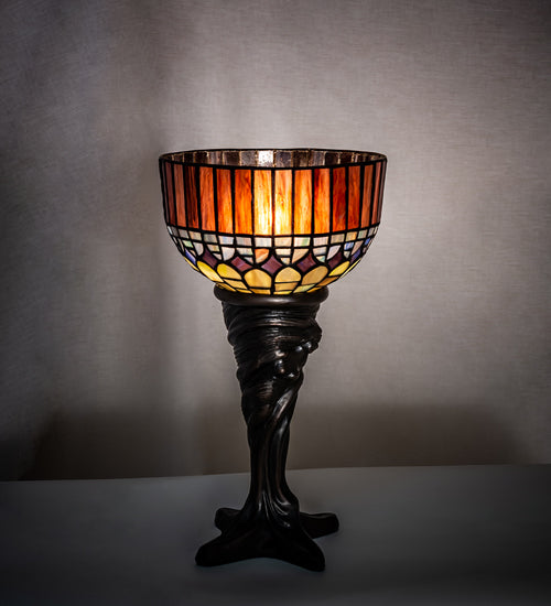 Meyda Lighting Tiffany Candice 15" Mahogany Bronze Mini Table Lamp With Multi-Colored Shade Glass