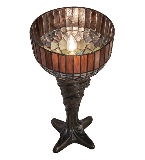 Meyda Lighting Tiffany Candice 15" Mahogany Bronze Mini Table Lamp With Multi-Colored Shade Glass