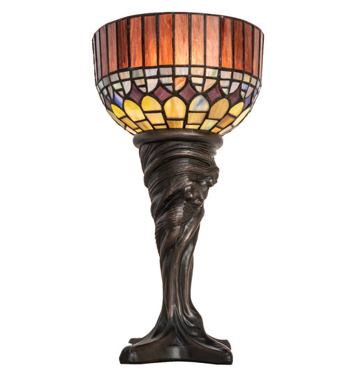 Meyda Lighting Tiffany Candice 15" Mahogany Bronze Mini Table Lamp With Multi-Colored Shade Glass