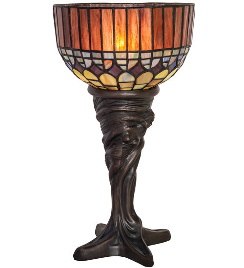 Meyda Lighting Tiffany Candice 15" Mahogany Bronze Mini Table Lamp With Multi-Colored Shade Glass