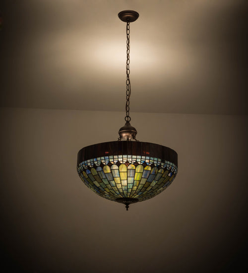 Meyda Lighting Tiffany Candice 22" 3-Light Mahogany Bronze Inverted Pendant Light With Multi-Colored Shade Glass